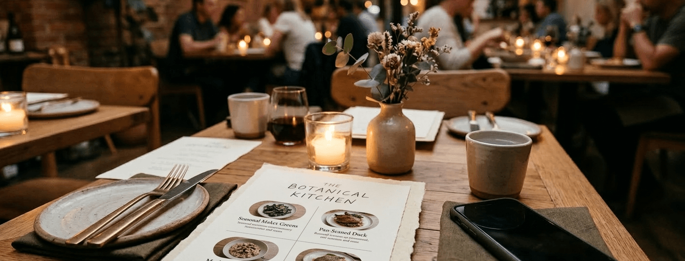 A restaurant scene with menus on the table