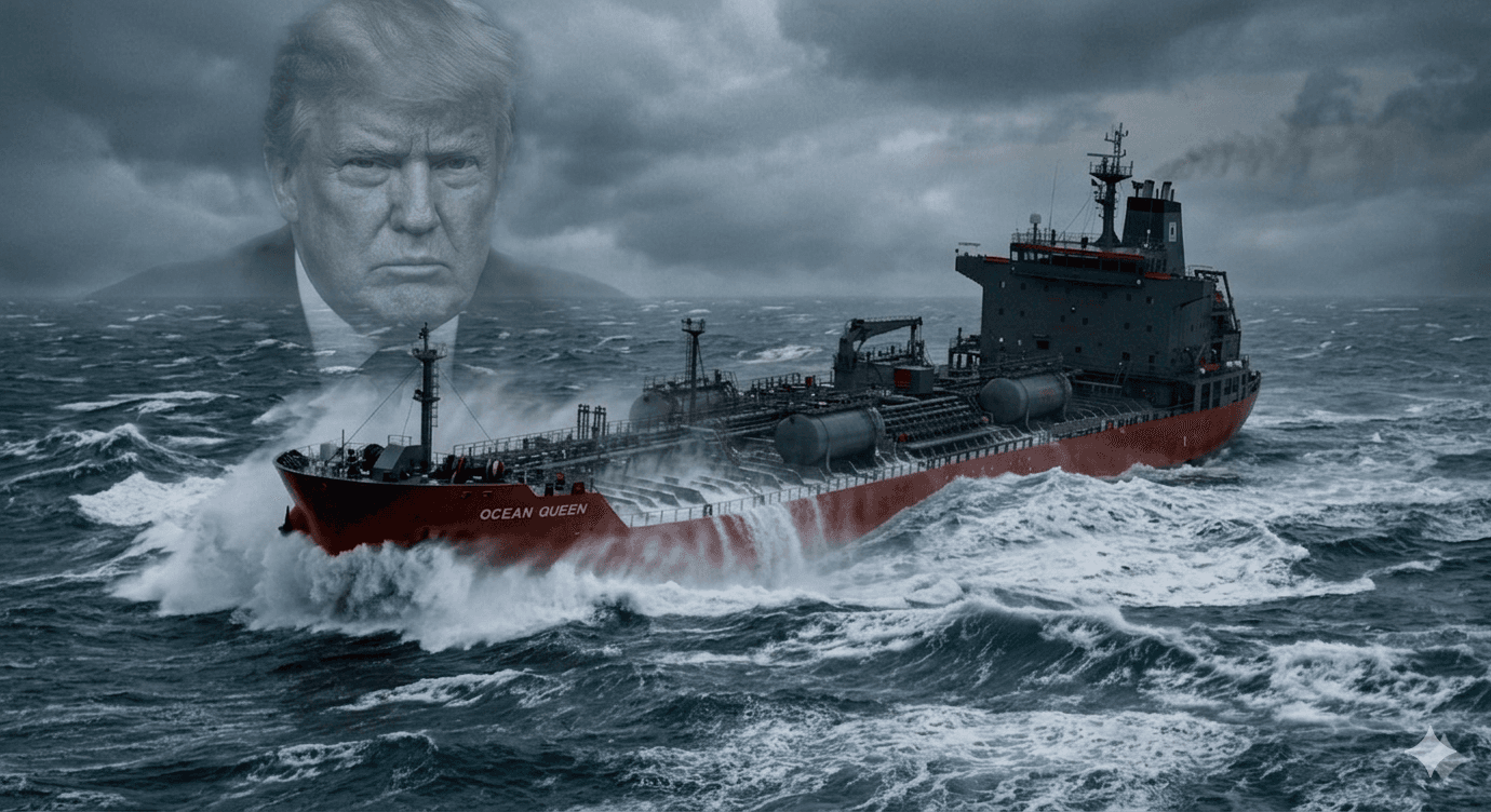 A large ship carrying oil, on rough seas. A man's face faded into the sky looks ominous, looking on