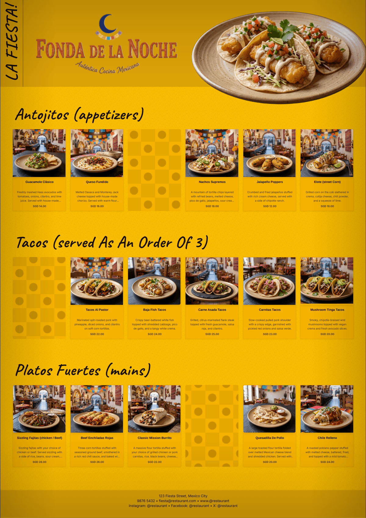 Fonde de la Noche menu created with GridMenu — a vibrant, Mexican fiesta design